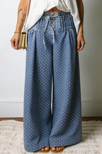 Sky Blue Polka Dot Print Button Pleated Detail Wide Leg Jeans