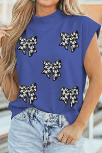 Trendy Women's Sky Blue Sequin High Neck Blouse with Cap Sleeves - Elegant Party Top for Special Occasions