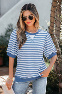 Women's Trendy Women's Sky Blue Striped Bubble Sleeve T-Shirt - Casual Short Top with Comfortable Fit and Stylish Design