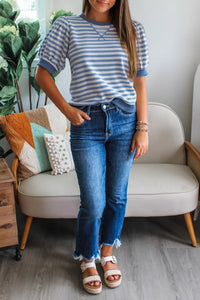 Sky Blue Stripe Short Bubble Sleeve T Shirt