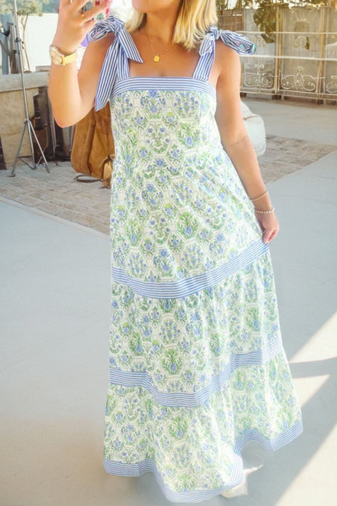 Trendy Women's Sleeveless Green Floral Dress with Geometric Stripes and Stylish Patchwork for Summer Events