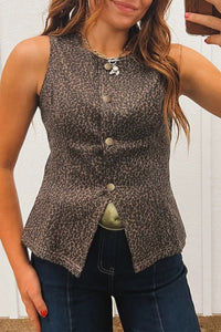 Women's Trendy Women's Slim-Fit Brown Leopard Print Denim Vest - Chic Layering Piece for Stylish Casual Looks