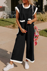 Women's Contrast Trim Wide-Leg Pant Set in Textured Viscose Blend