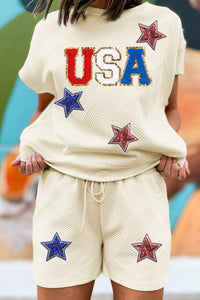 Women's Trendy Women's Soft Peach Star-Embroidered Short Set - Comfortable Textured Summer Outfit for Effortless Style