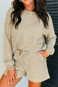 Women's Brown Stripe Textured Knit Long Sleeve Top with Elastic Waist Shorts