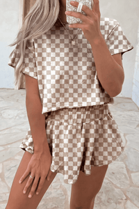 Women's Taupe Checkerboard T-Shirt and Skort Two-Piece Set