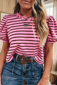 Trendy Women's V-Neck Rose Striped Puff Sleeve Top with Ribbed Collar – Casual Chic Style for Everyday Comfort