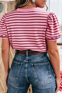 Rose Stripe Striped V-Neck Ribbed Collar Cuff Gathering Puff Sleeve Top