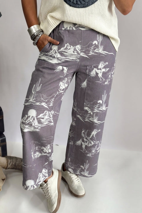 Trendy Women's Vintage Gray Wild West Print Shift Jeans - Stylish, Comfortable Casual Fashion for Everyday Wear