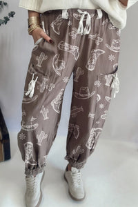 women's trendy women's vintage khaki cowgirl jogger pants with boot print and drawstring - stylish western casual wear with practical styling and