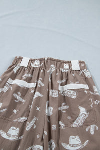 Khaki Western Cactus Cowgirl Hat Boot Printed Vintage Drawstring Jogger Pants