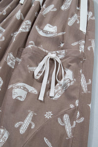 Khaki Western Cactus Cowgirl Hat Boot Printed Vintage Drawstring Jogger Pants