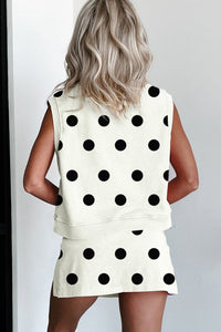 White Ribbed Trim Polka Dot Print Tank Split Mini Skort 2pcs Set
