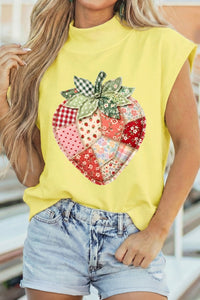 Women's Trendy Women's Yellow Mock Neck Tee with Strawberry Print and Faux Patchwork for Stylish Casual Wear