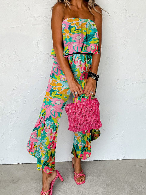 Tropical Green Ruffle Bandeau Jumpsuit