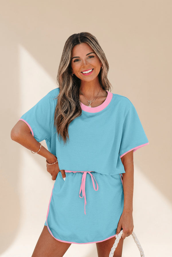 Women's Turquoise Cotton-Blend Skort Set with Pink Contrast Trim
