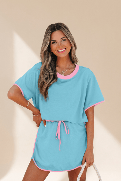 Women's Turquoise Cotton-Blend Skort Set with Pink Contrast Trim