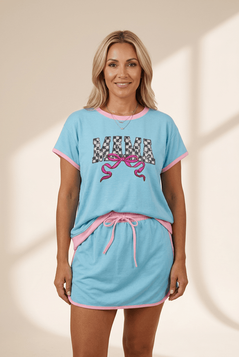 Women's Two-Piece Mama Graphic Tee and Drawstring Skirt Set