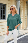 V-neck buttoned quarter-sleeve loose T-shirt top