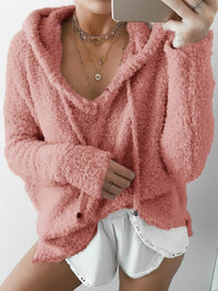 V-Neck Long Sleeve Hooded Sweater with Adjustable Drawstring