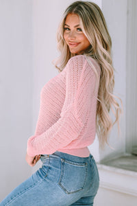 V-Neck Long Sleeve Hooded Sweater with Adjustable Drawstring