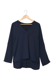 V-neck Long-sleeved Chiffon Solid Blouse - Drop Shoulder - Closed - Shirt