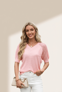 Women's V-Neck Pointelle Sleeve Knit Sweater in Apricot Pink