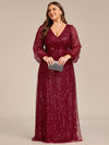 V-Neck Sequin A-Line Evening Gown with Lantern Sleeves for Curvy Ladies