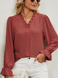 V Neck Solid Color Cut Flower Chiffon Blouse