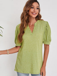 V-Neck Solid Color Puff Sleeve Loose T-Shirt