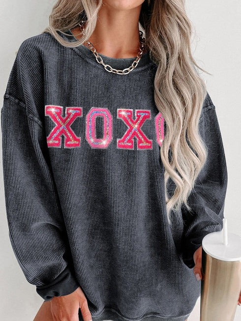 Valentine's Day Gray Sequin XOXO Corded Sweatshirt with Round Neck