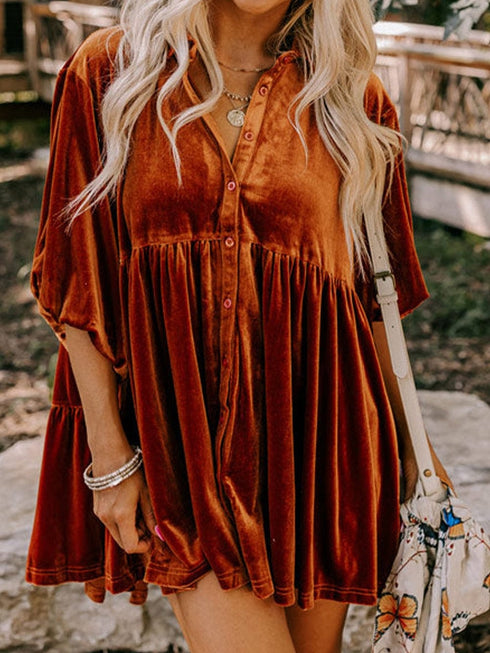 Velvet Babydoll Tunic Shirt with 3/4 Sleeves for Women