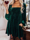 Velvet Green Square Neck Babydoll Dress with Tie Back