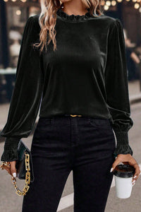 Women's Velvet Puff Sleeve Blouse with Frill Collar in Black