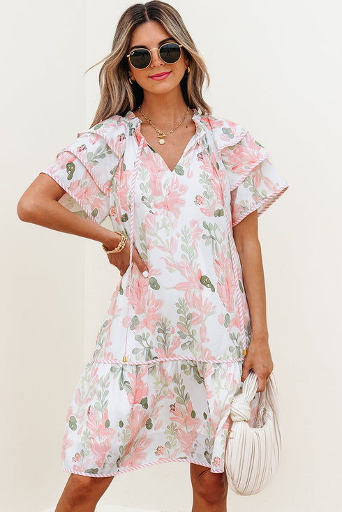 Women's Floral Tiered Sleeve Shift Mini Dress in Blossom Pink