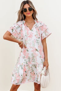 Women's Floral Tiered Sleeve Shift Mini Dress in Blossom Pink