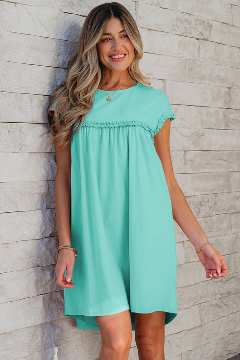 Women's Mint Ruffle Trim Shift Dress in Cotton-Elastane Blend