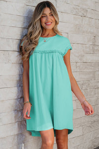 Women's Mint Ruffle Trim Shift Dress in Cotton-Elastane Blend