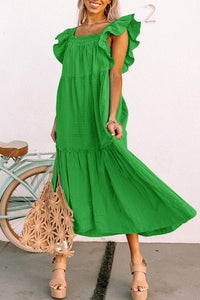 Women's Kelly Green Tiered Ruffle Maxi Dress with Pockets