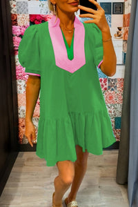 Women's Kelly Green Color Block Mini Dress with Puff Sleeves