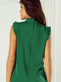 Vibrant Green Pleated Sleeveless Blouse with Frilled Mock Neck