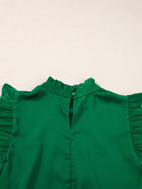 Vibrant Green Pleated Sleeveless Blouse with Frilled Mock Neck