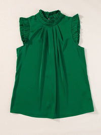 Vibrant Green Pleated Sleeveless Blouse with Frilled Mock Neck