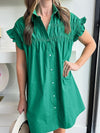 Vibrant Green Ruffle Sleeve Button-Up Mini Dress