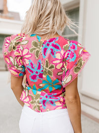 Vibrant Multicolored Floral Ruffle Sleeve Top