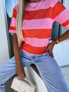 Vibrant Pink Striped Colorblock Knit Top with Short Sleeves