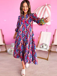 Vibrant Print Flared Sleeves Holiday Maxi Dress
