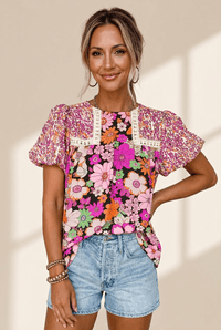 Women's Vibrant Rose Floral Mixed Print Blouse with Lace Trim