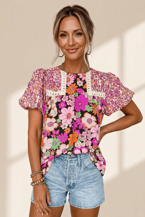 Women's Vibrant Rose Floral Mixed Print Blouse with Lace Trim