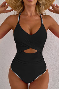 Women's Black Wrap Cutout One-Piece Swimsuit with Contrast Trim